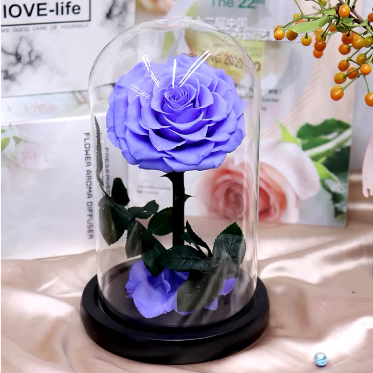 Trandafir Criogenat mare mov in cupola de sticla, cu mesaj personalizat - Trandafir - Criogenat.ro