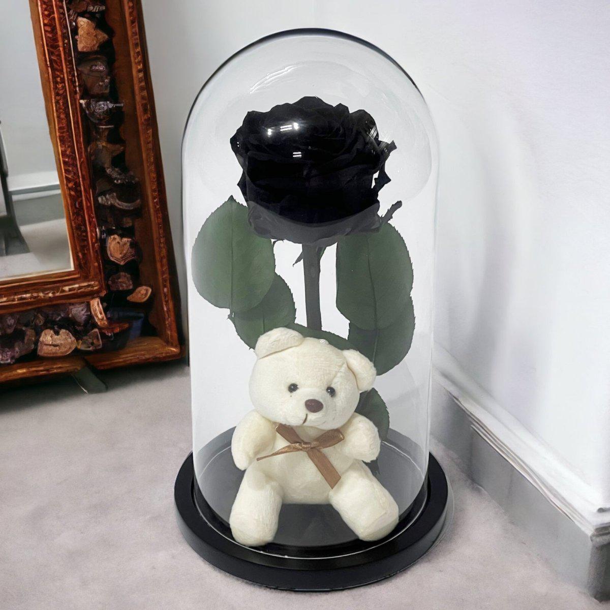 Trandafir Criogenat Negru Elegant Cu Ursuleț În Cupolă De Sticlă Cadou - Trandafir - Criogenat.ro