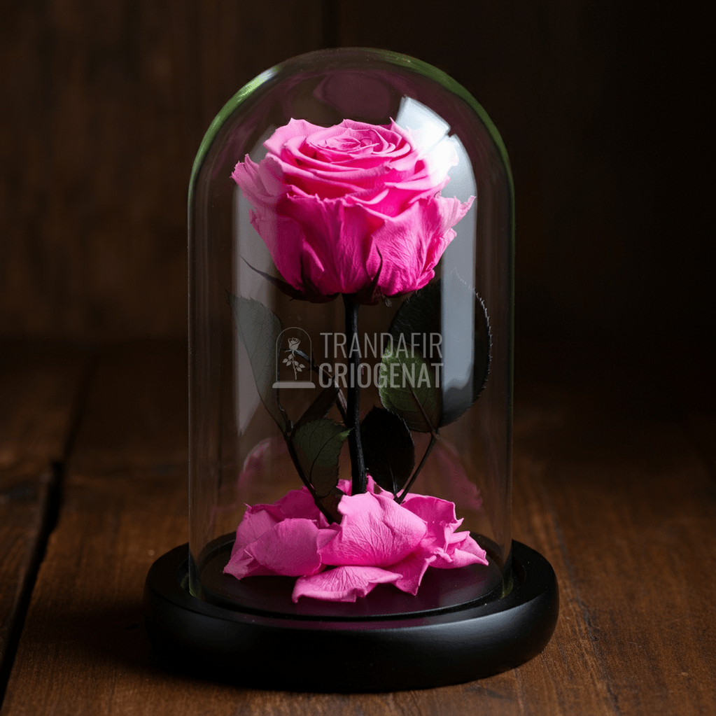 Trandafir Criogenat premium roz in cupola sticla, cu mesaj personalizat - Trandafir - Criogenat.ro