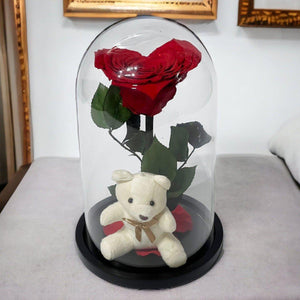 Trandafir Criogenat Roșu cu Ursuleț și Cupolă de Sticlă Cadou Romantic - Trandafir - Criogenat.ro