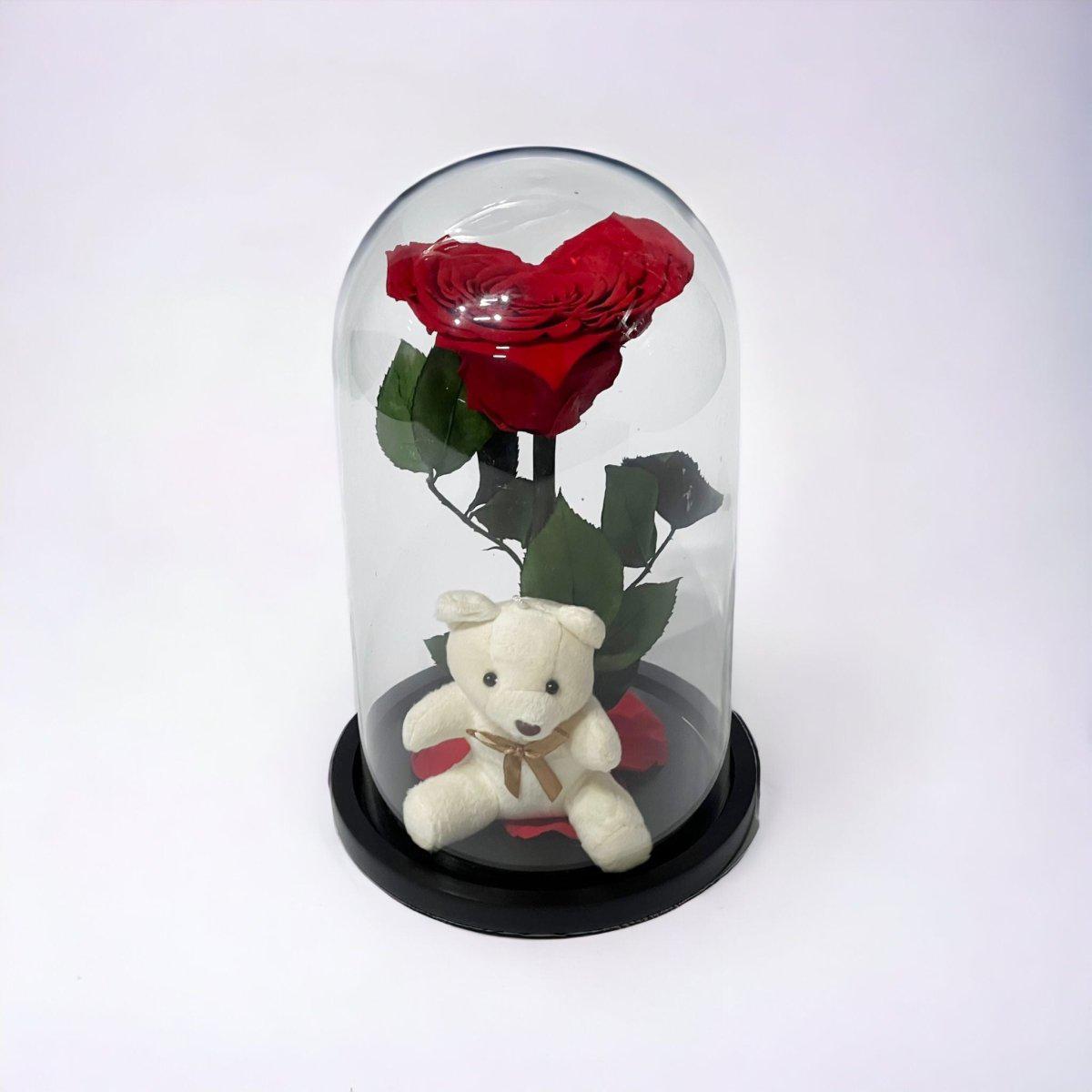 Trandafir Criogenat Roșu cu Ursuleț și Cupolă de Sticlă Cadou Romantic - Trandafir - Criogenat.ro
