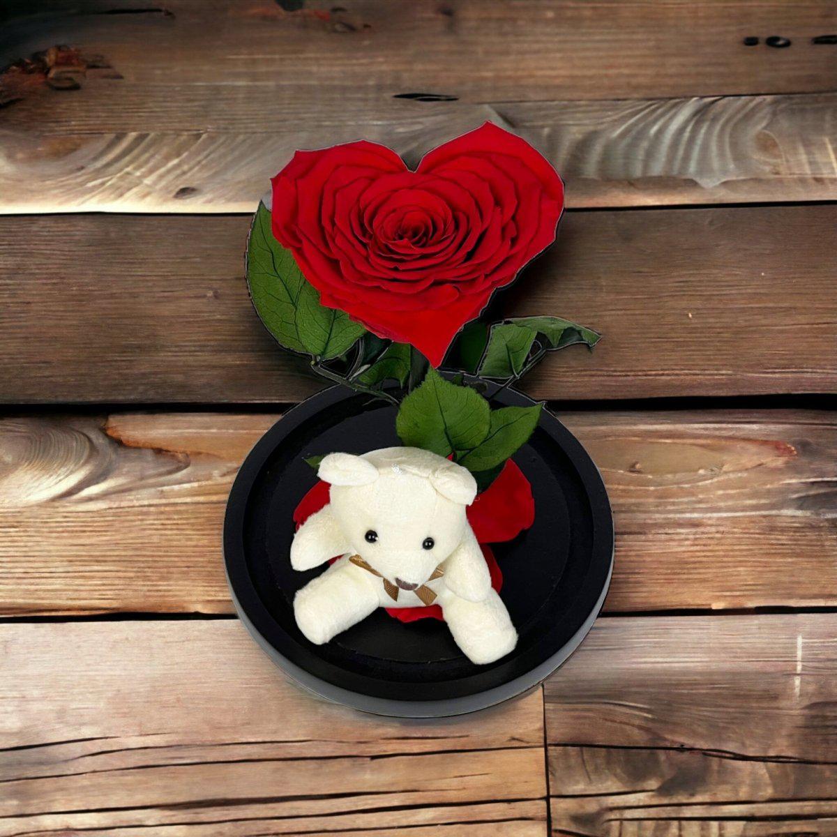 Trandafir Criogenat Roșu cu Ursuleț și Cupolă de Sticlă Cadou Romantic - Trandafir - Criogenat.ro
