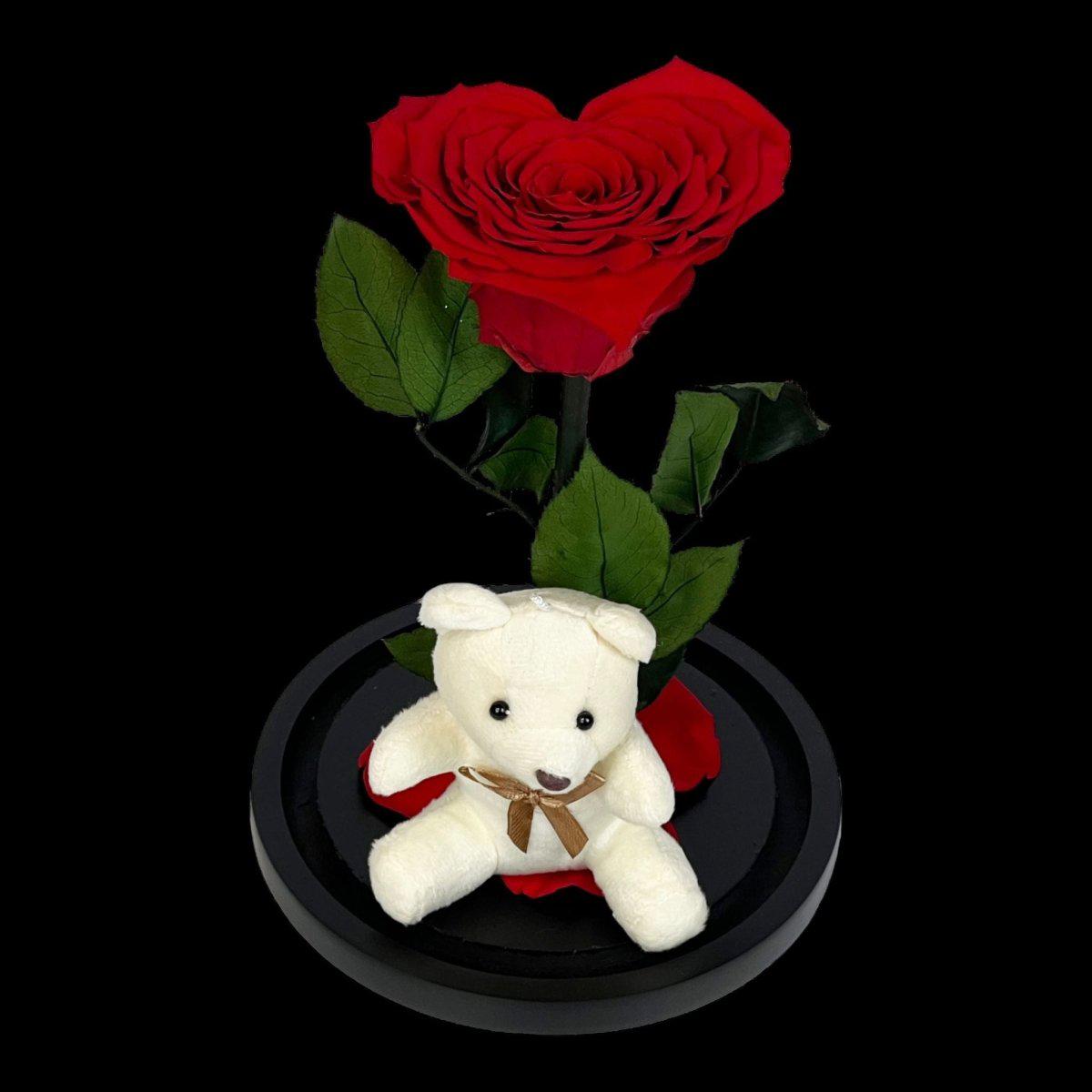 Trandafir Criogenat Roșu cu Ursuleț și Cupolă de Sticlă Cadou Romantic - Trandafir - Criogenat.ro