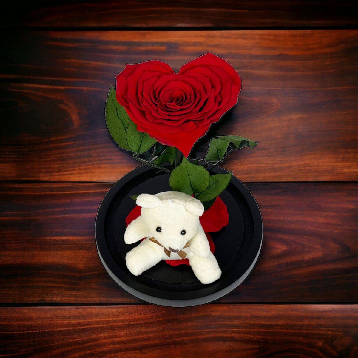 Trandafir Criogenat Roșu cu Ursuleț și Cupolă de Sticlă Cadou Romantic - Trandafir - Criogenat.ro