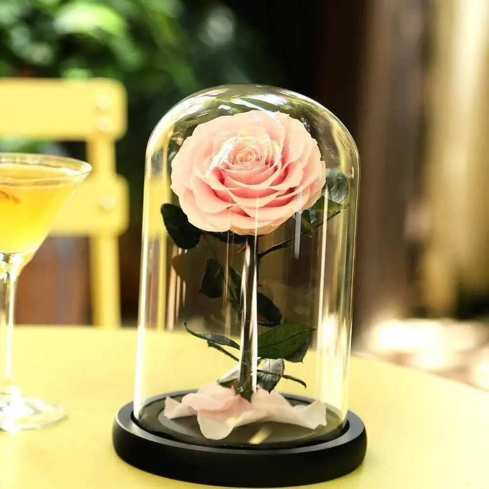 Trandafir Criogenat Roz de Lux Ø9,5cm în Cupolă de Sticlă 15x25cm Cadou Elegant - Trandafir - Criogenat.ro