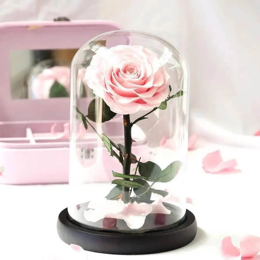 Trandafir Criogenat Roz În Cupolă De Sticlă 9,5 Cm Cadou Etern Pentru 25 De Ani - Trandafir - Criogenat.ro