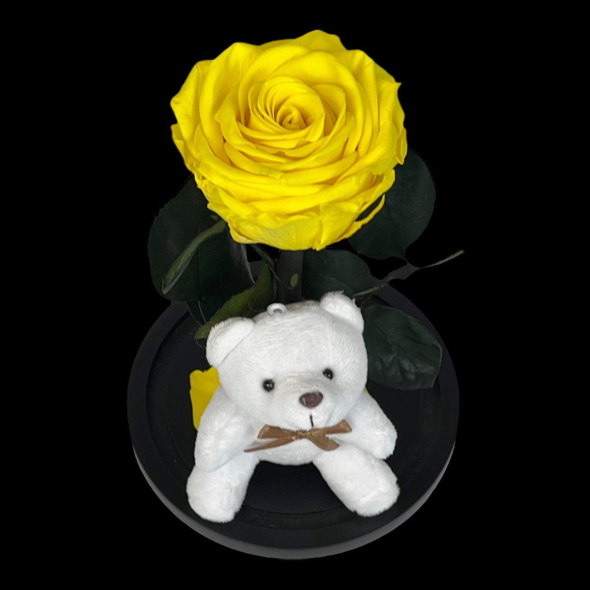 Trandafir Galben Criogenat Premium În Cupolă De Sticlă Cu Ursuleț Adorabil - Trandafir - Criogenat.ro