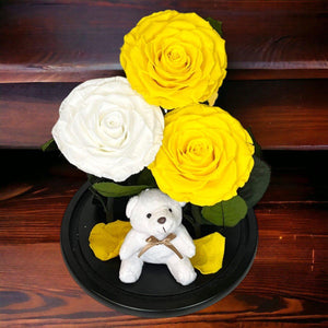 Trandafiri Criogenati De Lux Cu Ursulet In Cupola De Sticla 2 Galbeni Si 1 Alb - Trandafir - Criogenat.ro