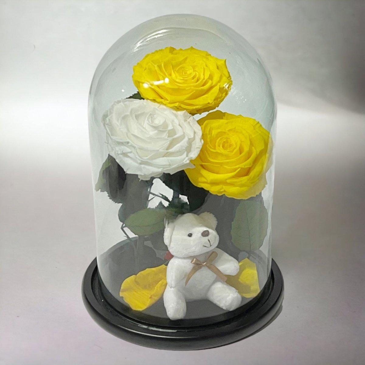 Trandafiri Criogenati De Lux Cu Ursulet In Cupola De Sticla 2 Galbeni Si 1 Alb - Trandafir - Criogenat.ro