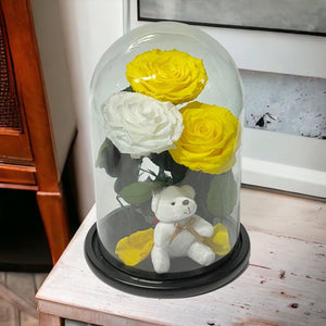 Trandafiri Criogenati De Lux Cu Ursulet In Cupola De Sticla 2 Galbeni Si 1 Alb - Trandafir - Criogenat.ro