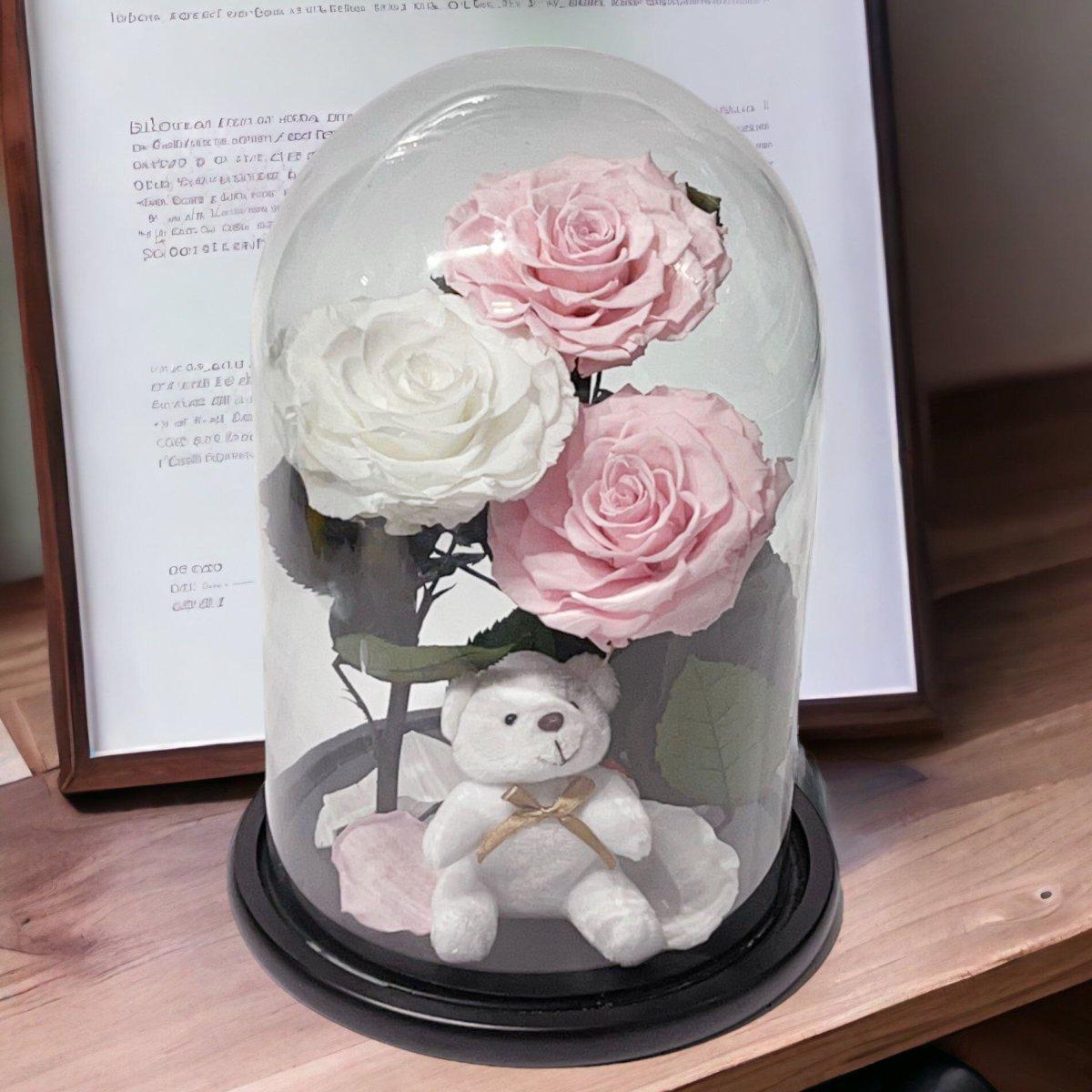 Trandafiri Criogenati În Cupolă De Sticlă Cu Ursuleț Plush 2 Roz Pal 1 Alb - Trandafir - Criogenat.ro