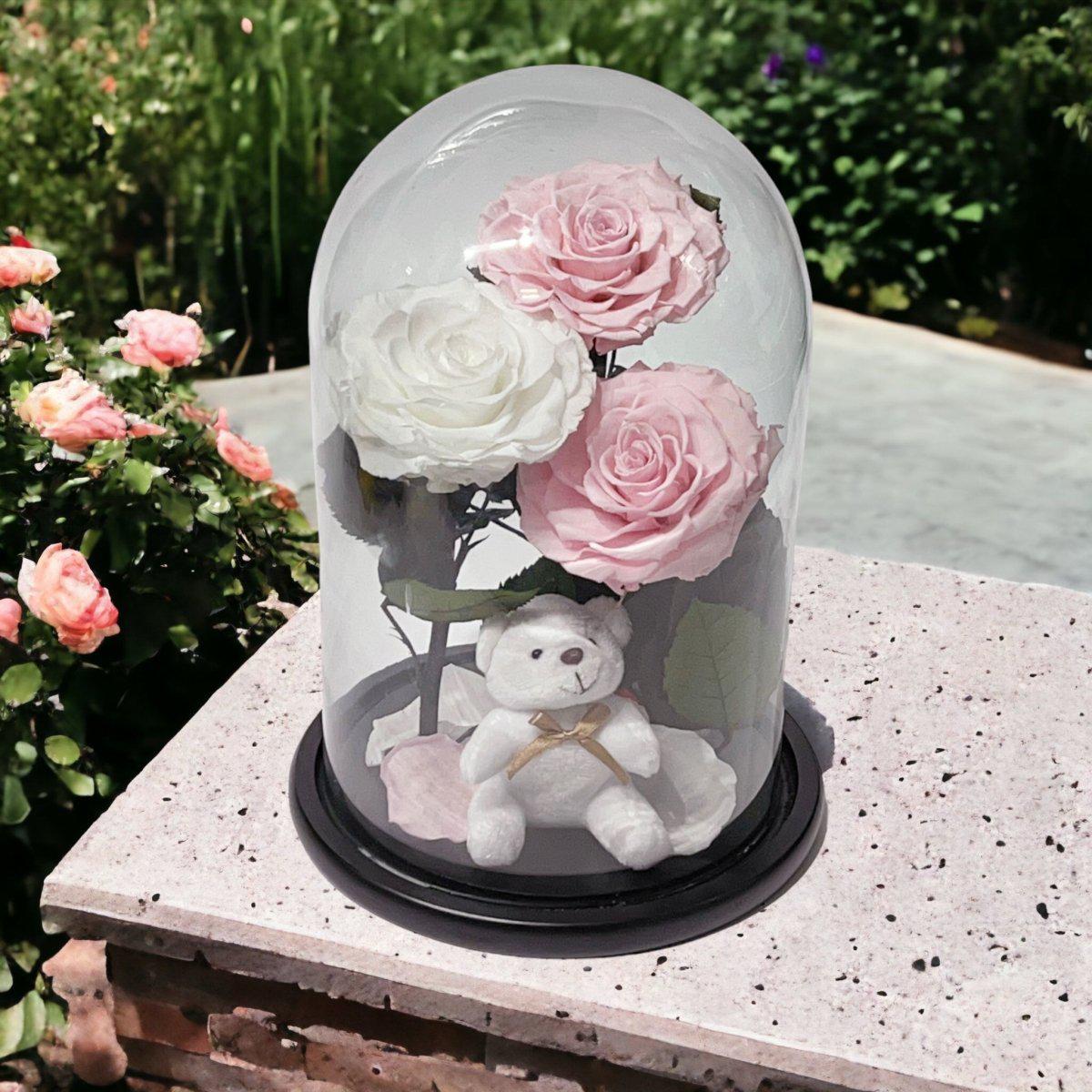 Trandafiri Criogenati În Cupolă De Sticlă Cu Ursuleț Plush 2 Roz Pal 1 Alb - Trandafir - Criogenat.ro