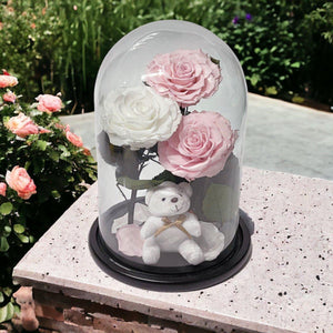 Trandafiri Criogenati În Cupolă De Sticlă Cu Ursuleț Plush 2 Roz Pal 1 Alb - Trandafir - Criogenat.ro