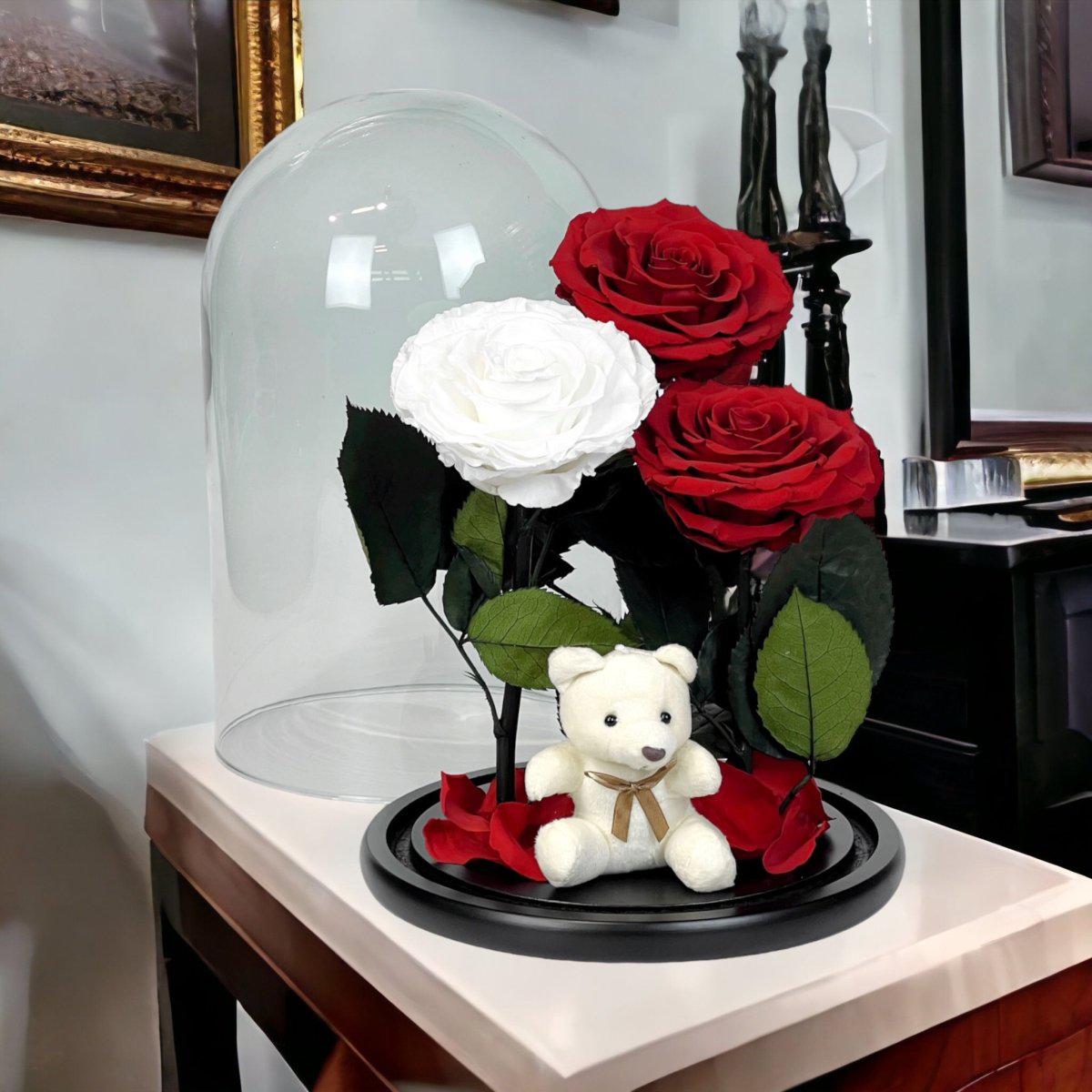 Trandafiri Criogenati Magnifici In Cupolă De Sticlă Cu 3 Flori 2 Roșii Și 1 Alb - Trandafir - Criogenat.ro