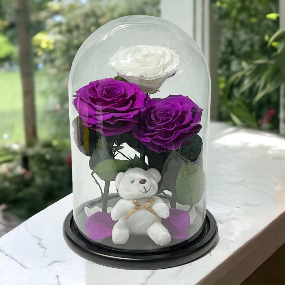Trei Trandafiri Criogenati Impresionanti in Cupola de Sticlă Purpurii si Albi - Trandafir - Criogenat.ro