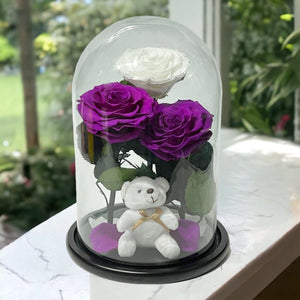 Trei Trandafiri Criogenati Impresionanti in Cupola de Sticlă Purpurii si Albi - Trandafir - Criogenat.ro