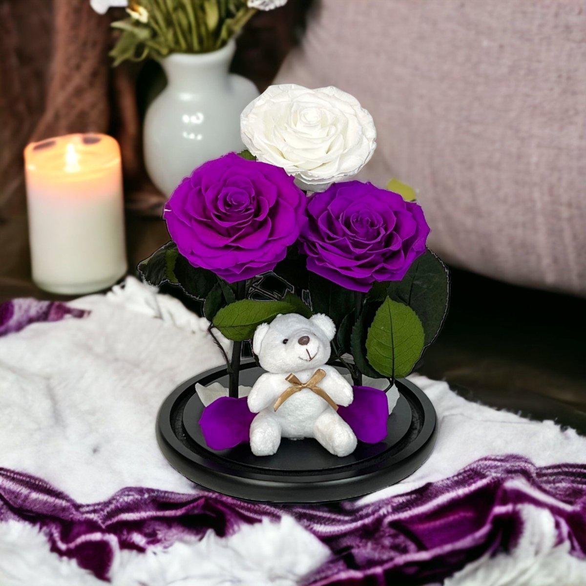 Trei Trandafiri Criogenati Impresionanti in Cupola de Sticlă Purpurii si Albi - Trandafir - Criogenat.ro