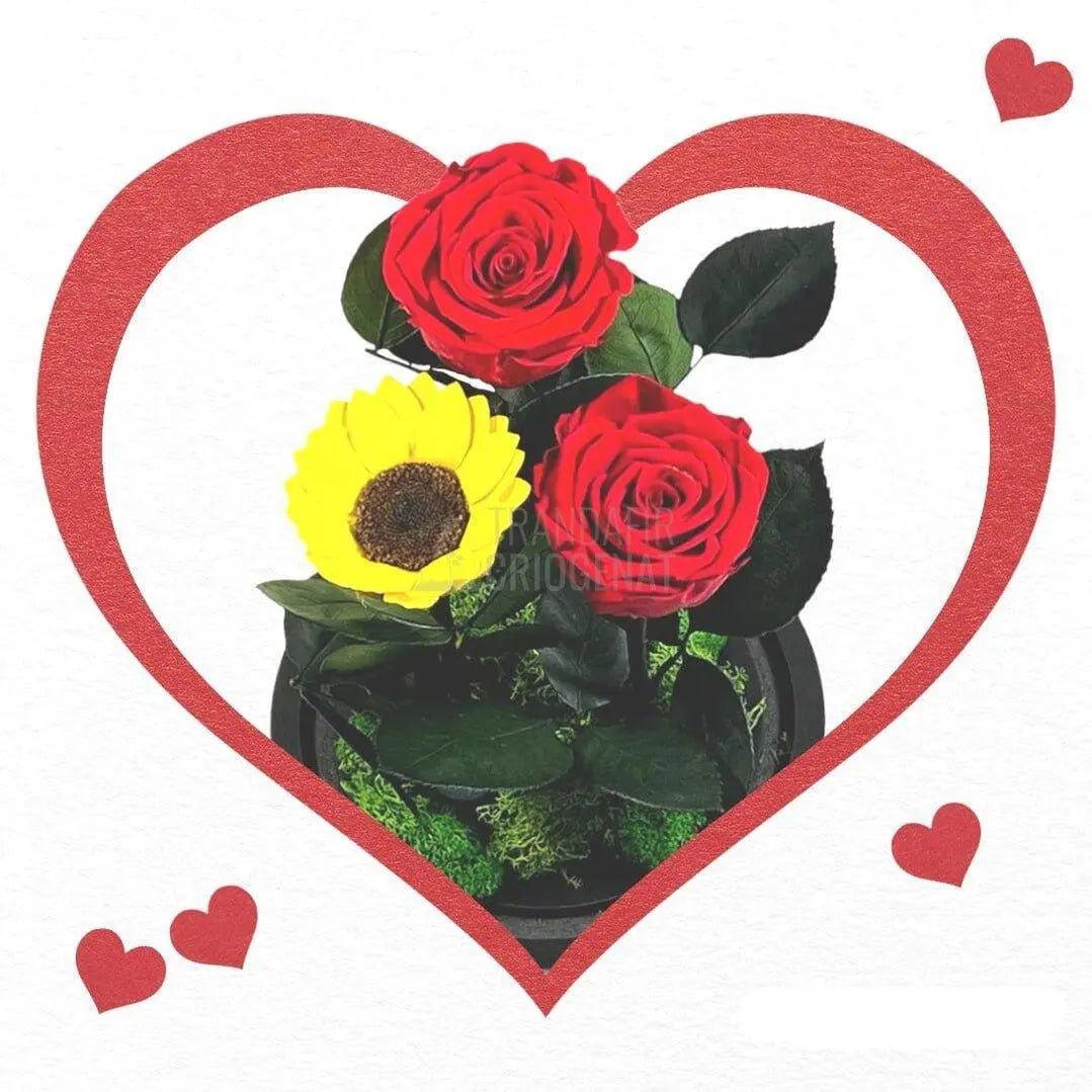 2 Trandafiri Criogenati rosii, 1 floarea soarelui, cupola 15x25cm - Trandafir-Criogenat.ro