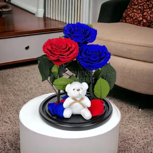 3 Trandafiri Criogenati mari, 2 albastrii, 1 rosu, cupola ursulet - Trandafir-Criogenat.ro