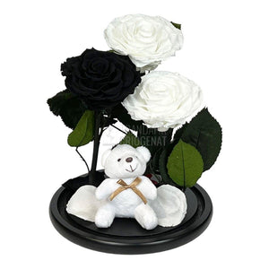 3 Trandafiri Criogenati mari, 2 albi, 1 negru, cupola cu ursulet - Trandafir-Criogenat.ro
