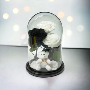 3 Trandafiri Criogenati mari, 2 albi, 1 negru, cupola cu ursulet - Trandafir-Criogenat.ro