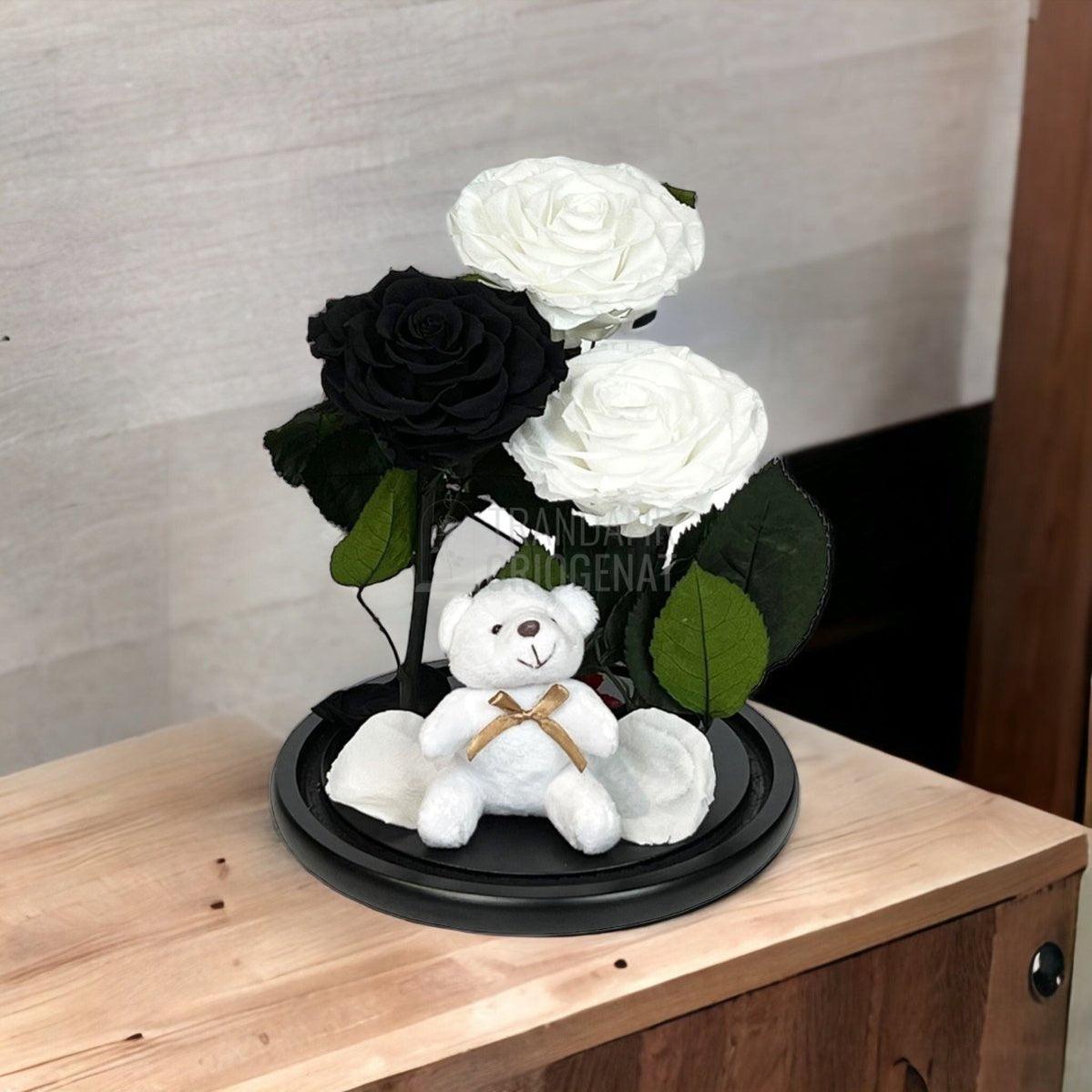 3 Trandafiri Criogenati mari, 2 albi, 1 negru, cupola cu ursulet - Trandafir-Criogenat.ro