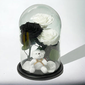 3 Trandafiri Criogenati mari, 2 albi, 1 negru, cupola cu ursulet - Trandafir-Criogenat.ro
