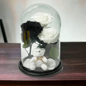 3 Trandafiri Criogenati mari, 2 albi, 1 negru, cupola cu ursulet - Trandafir-Criogenat.ro