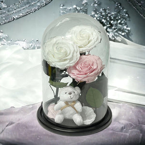 3 Trandafiri Criogenati mari, 2 albi, 1 roz, cupola cu ursulet - Trandafir-Criogenat.ro
