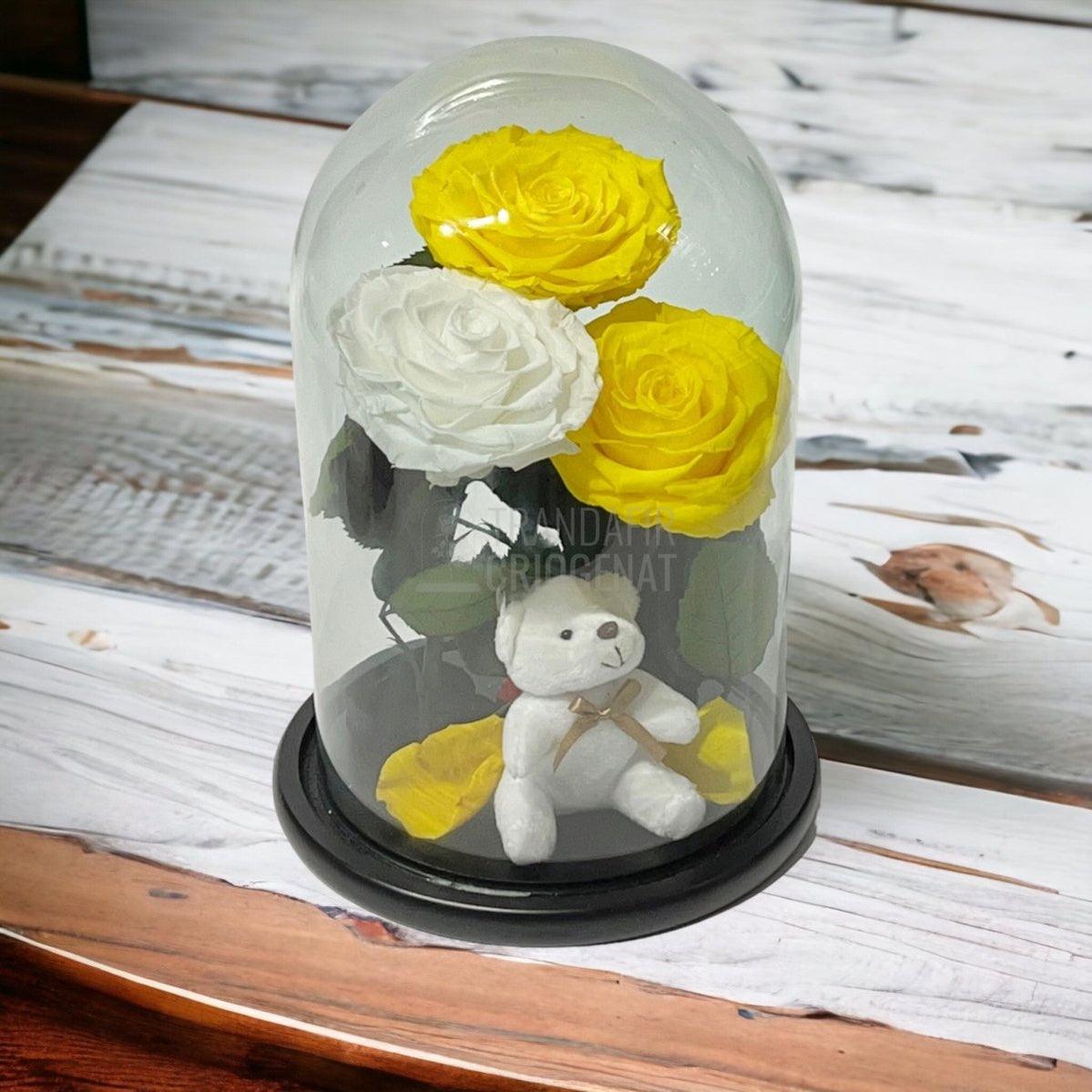 3 Trandafiri Criogenati mari, 2 galbeni, 1 alb, cupola ursulet - Trandafir-Criogenat.ro