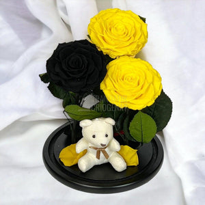 3 Trandafiri Criogenati mari, 2 galbeni, 1 negru, cupola ursulet - Trandafir-Criogenat.ro