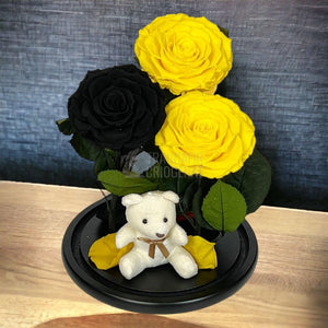 3 Trandafiri Criogenati mari, 2 galbeni, 1 negru, cupola ursulet - Trandafir-Criogenat.ro