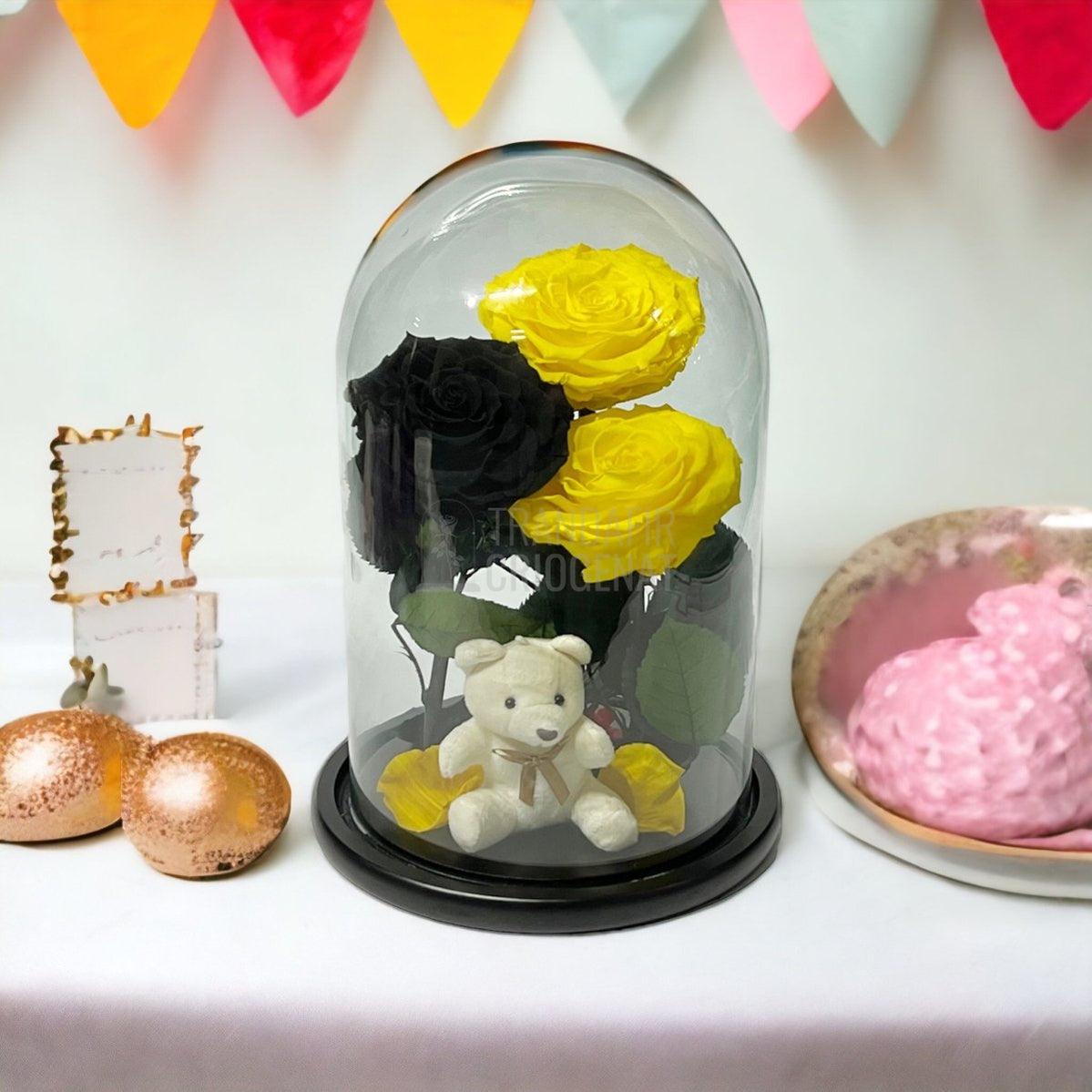 3 Trandafiri Criogenati mari, 2 galbeni, 1 negru, cupola ursulet - Trandafir-Criogenat.ro