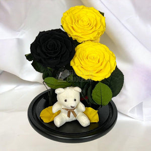 3 Trandafiri Criogenati mari, 2 galbeni, 1 negru, cupola ursulet - Trandafir-Criogenat.ro