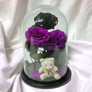3 Trandafiri Criogenati mari, 2 purpuriu, 1 negru, cupola ursulet - Trandafir-Criogenat.ro
