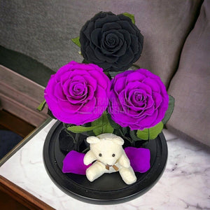 3 Trandafiri Criogenati mari, 2 purpuriu, 1 negru, cupola ursulet - Trandafir-Criogenat.ro