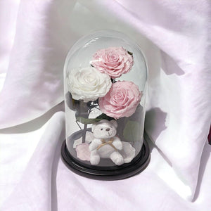 3 Trandafiri Criogenati mari, 2 roz, 1 alb, cupola cu ursulet - Trandafir-Criogenat.ro