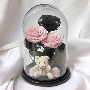 3 Trandafiri Criogenati mari, 2 roz, 1 negru, cupola cu ursulet - Trandafir-Criogenat.ro