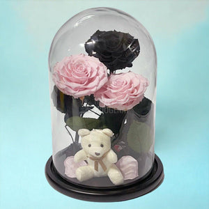 3 Trandafiri Criogenati mari, 2 roz, 1 negru, cupola cu ursulet - Trandafir-Criogenat.ro