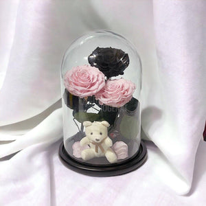 3 Trandafiri Criogenati mari, 2 roz, 1 negru, cupola cu ursulet - Trandafir-Criogenat.ro