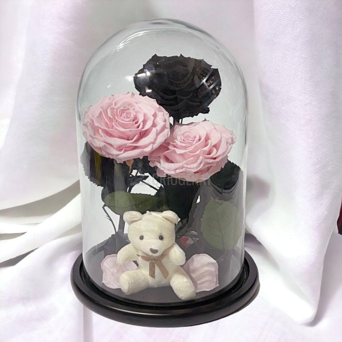 3 Trandafiri Criogenati mari, 2 roz, 1 negru, cupola cu ursulet - Trandafir-Criogenat.ro