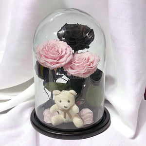 3 Trandafiri Criogenati mari, 2 roz, 1 negru, cupola cu ursulet - Trandafir-Criogenat.ro