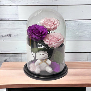 3 Trandafiri Criogenati mari, 2 roz, 1 purpuriu, cupola ursulet - Trandafir-Criogenat.ro