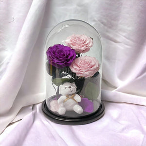 3 Trandafiri Criogenati mari, 2 roz, 1 purpuriu, cupola ursulet - Trandafir-Criogenat.ro