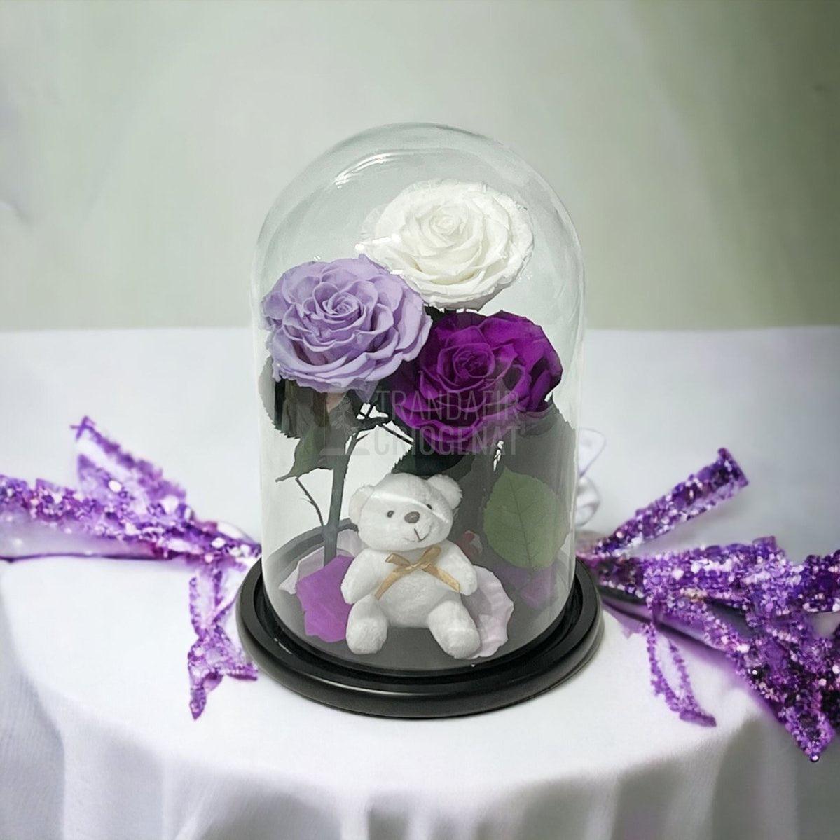 3 Trandafiri Criogenati mari, alb, lila, purpuriu, cupola ursulet - Trandafir-Criogenat.ro