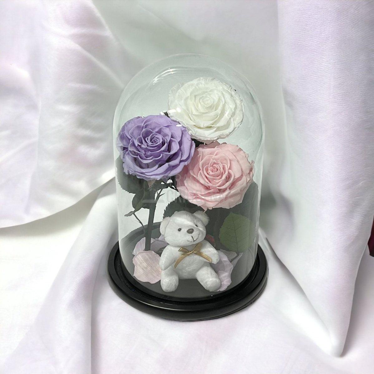 3 Trandafiri Criogenati mari, alb, lila, roz, cupola ursulet - Trandafir-Criogenat.ro