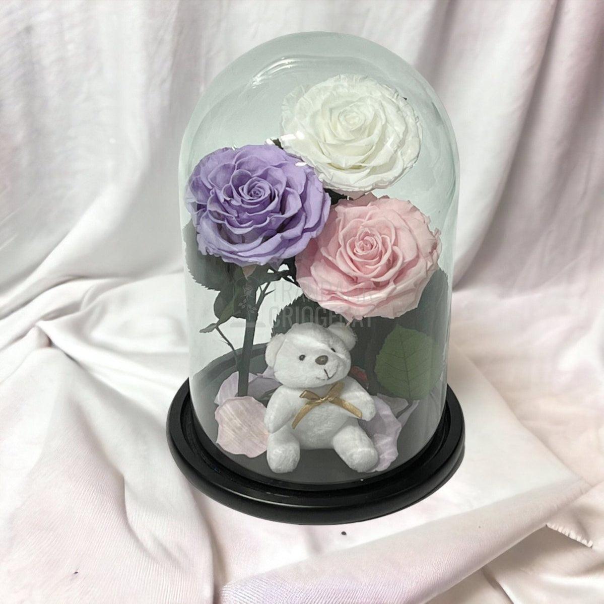 3 Trandafiri Criogenati mari, alb, lila, roz, cupola ursulet - Trandafir-Criogenat.ro