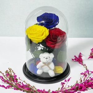 3 Trandafiri Criogenati mari, albastru, galben, rosu, cupola ursulet - Trandafir-Criogenat.ro