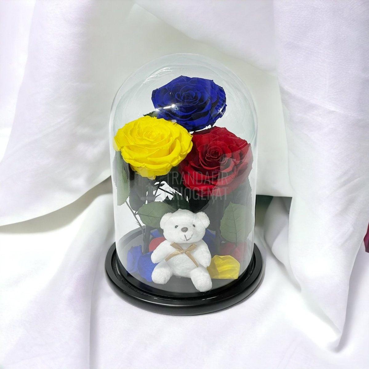 3 Trandafiri Criogenati mari, albastru, galben, rosu, cupola ursulet - Trandafir-Criogenat.ro