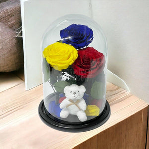 3 Trandafiri Criogenati mari, albastru, galben, rosu, cupola ursulet - Trandafir-Criogenat.ro